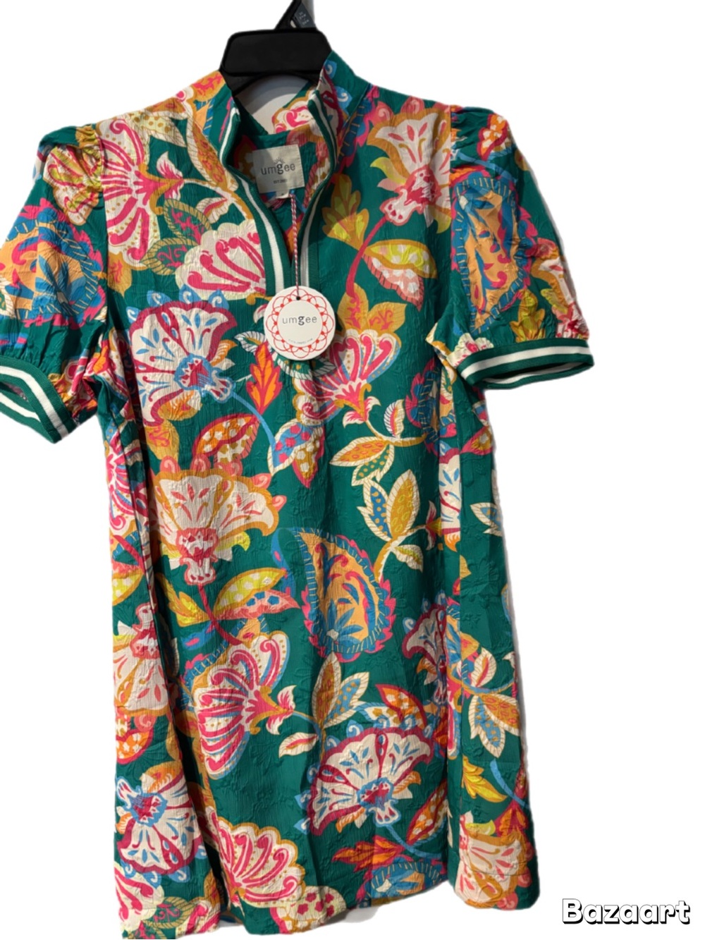 Umgee Jacquard Paisley Print Puff Sleeve Tunic Dress – Emerald Mix 🛍️